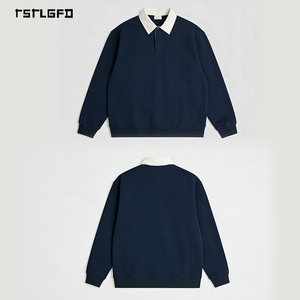 Mens Navy Blue Polo T-Shirt Plus Size Long Sleeve Pure Cotton <b>Drop</b> Shoulder Rugby Style Gots Certified Oem Custom Private Label - Product Image 3