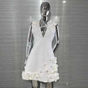 ZHEZHE Abito Corto a Linea A con Fiori Tridimensionali, Scollo a V <span class=keywords><strong>Sexy</strong></span>, Senza Maniche, Vita Impero, Dolce <span class=keywords><strong>Vestito</strong></span> Autunnale - Product Image 4