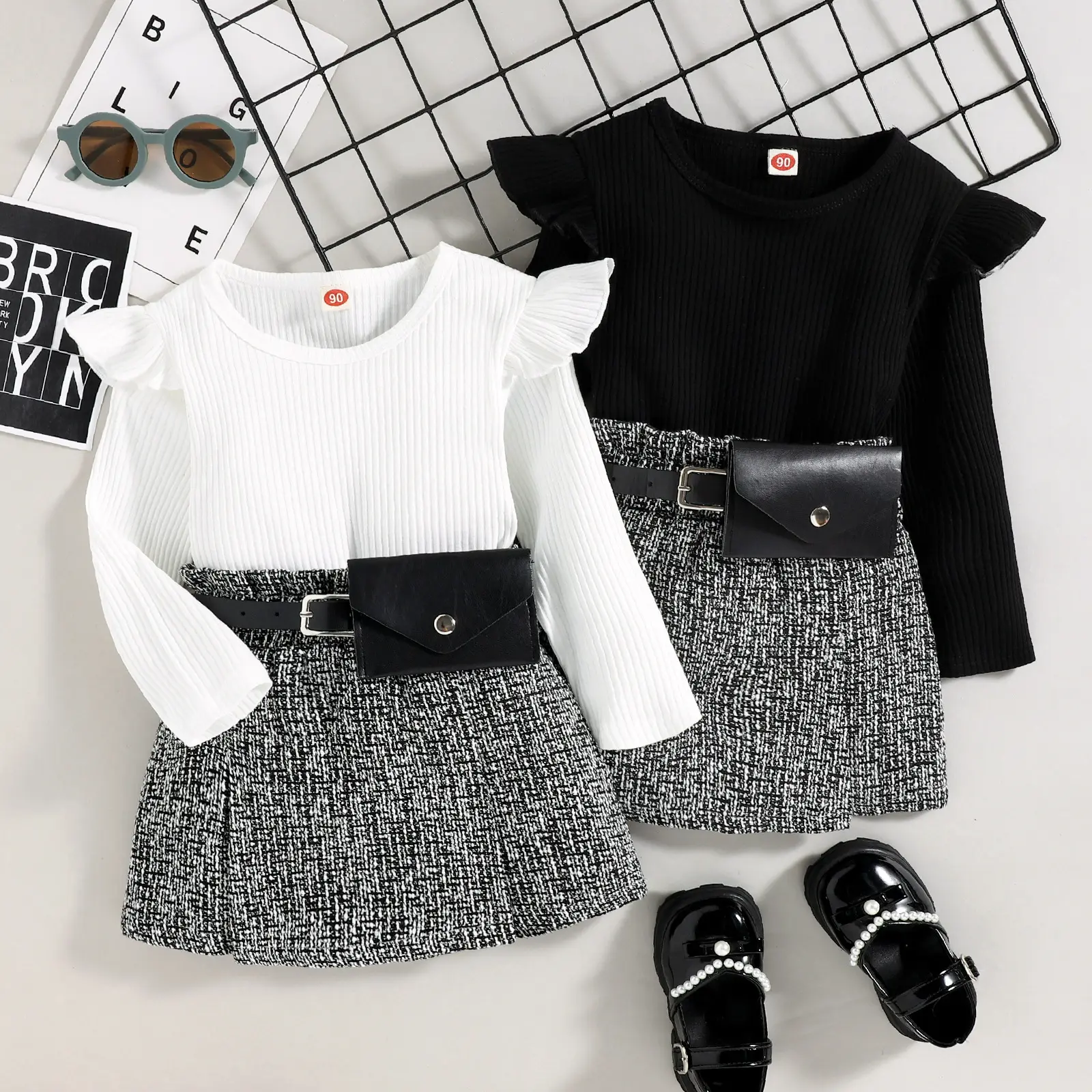 Children Clothing 3-Piece Kid Girls Fall Outfits Solid Color Ribbed Long Sleeve Ruffle T-Shirt+Short Skirt+Waist Bag Set
