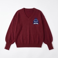 Pull en tricot personnalisé pour femme, style universitaire, grande taille, col en V, manches lanternes, poignets à boutons perlés, décontracté et ample, collection automne-hiver