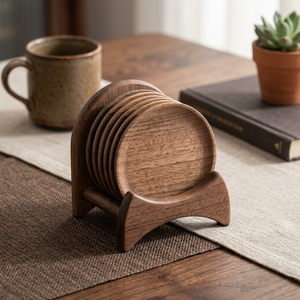 Wood <b>Coaster</b> <b>Set</b> With Holder Round Wooden Drink <b>Coasters</b> Reusable Eco Friendly Table Mat for Coffee Table - Product Image 3