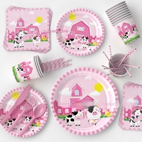 Set Cangkir & Nampan Kertas Ramah Lingkungan Bertema Sapi Peternakan Pink untuk Dekorasi Pesta Ulang Tahun Anak & Hari Valentine