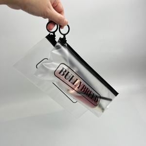 Custom Long Frosted PVC Zipper <b>Bags</b> - Black Printed Logo Plastic Zip Lock Pouch with Ring Pull - Product Image 2