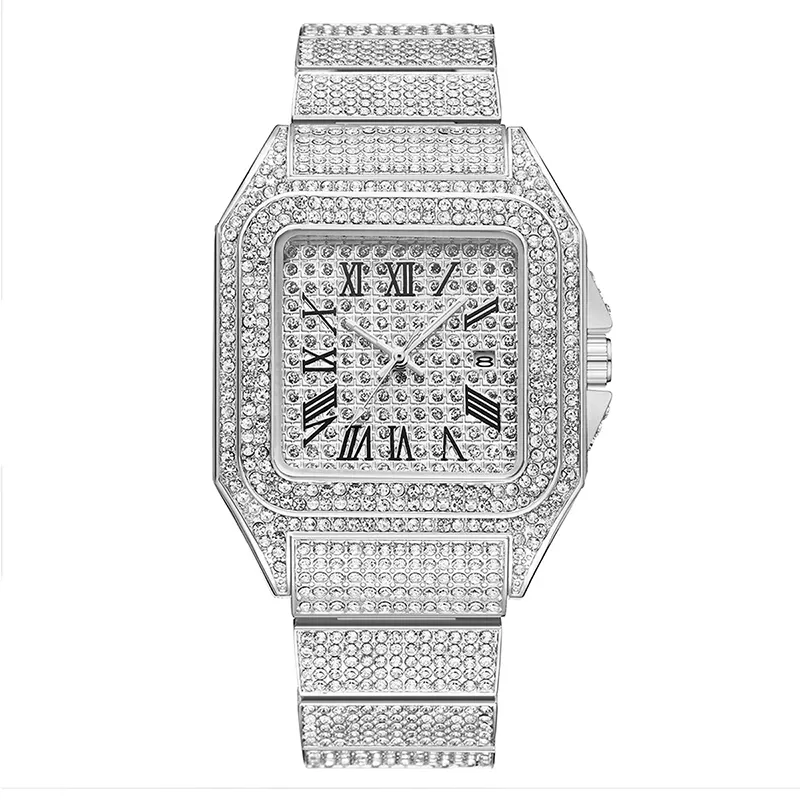 Silver Men Watches Luxury Quartz Fashion 50MM Stainless Steel Square Wristwatches Diamond Watch