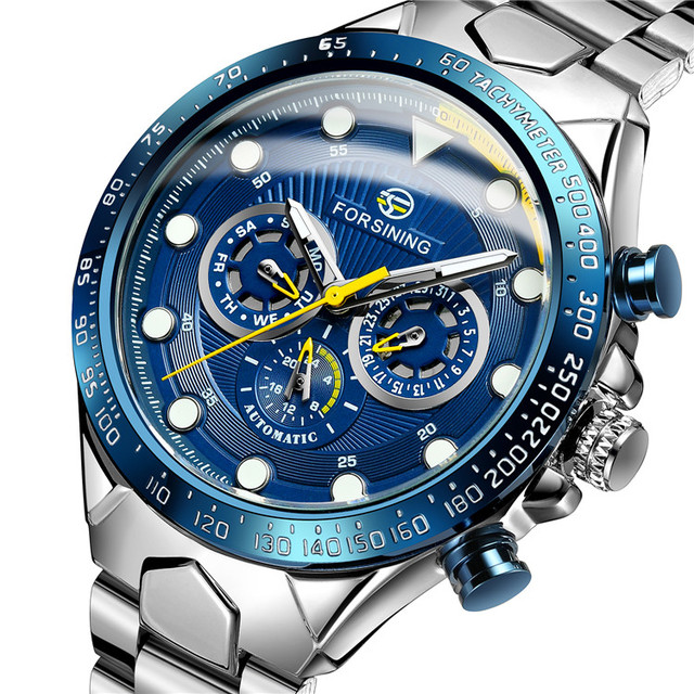 Forsining Watch Men Luxury Mechanical Automatic Watches Three Eyes Six Needle Men's Automatic Mechanical Watch Steel Belt Men
