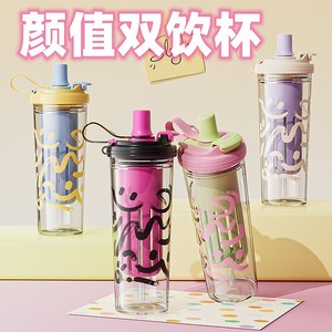 Dual Drink Plastic Cup With Tea Infuser Portable Travel Water Bottle For Women Summer Herbal Tea Student Use - Product Image 3
