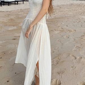 Robe maxi plissée blanche de plage élégante conçue par le fabricant, robe polynésienne personnalisée 100% coton - Product Image 5