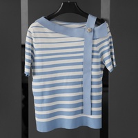 Haut en tricot asymétrique rayé à épaules dénudées pour femme Tyan, avec bretelles en strass, manches courtes, coupe ajustée, tricot décontracté pour femme