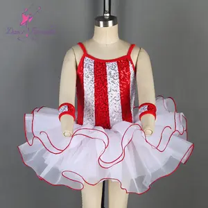 20028 Kostum Tari Balet Tutu Anak, Korset Payet Merah dan Putih dengan Lapisan Lapisan Rok Tutu Pertunjukkan