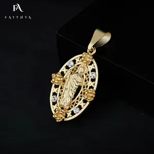 FP1041 Custom Men Women Brass Necklace Jewelry Zircon Diamond Oro Laminado 14K Gold Plated Flower San Judas Jewelry Pendants