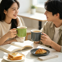Ensemble de tasses à café en céramique style émail 12 oz pour couple, glaçure contrastée intérieur-extérieur, bord roulé, poignée confortable, couleur personnalisée
