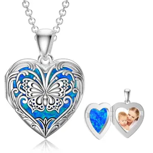 Herzförmige blaue Opal Herz Schmetterling Medaillon Mutter Halskette Kette Schmuck herstellung