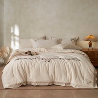 Ensemble de couette quatre pièces en coton et lin brodé à motif végétal moderne, lavable, toutes saisons, écologique, literie de luxe