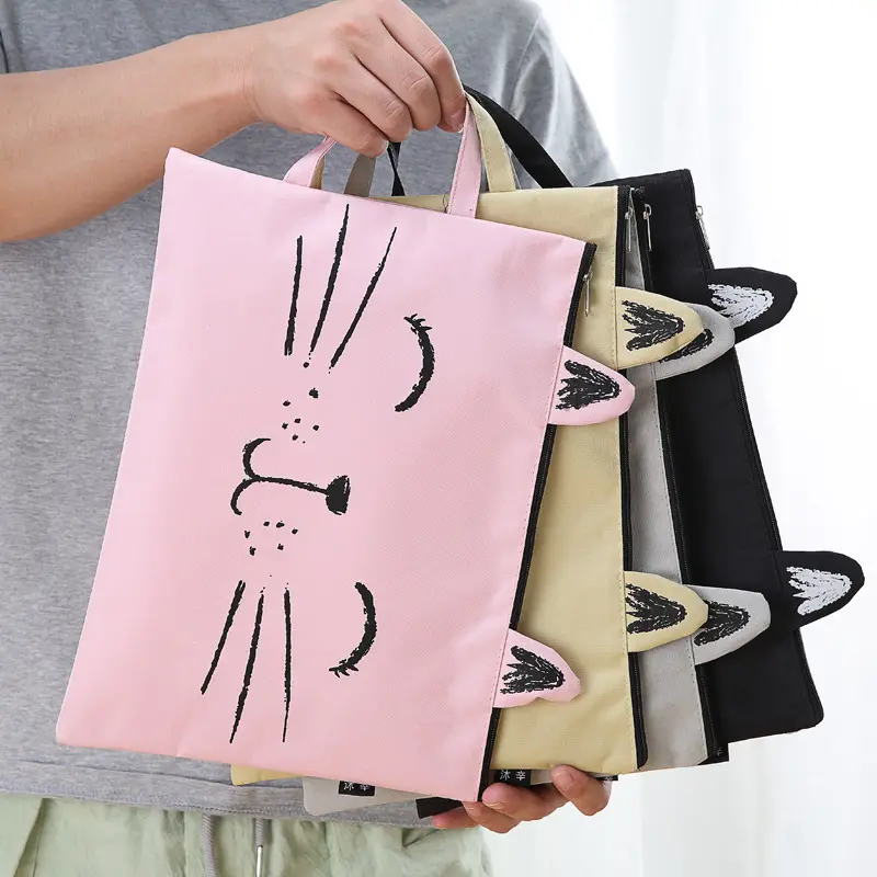 Cute Cat Zipper Canvas File Bag Student Stationery Cartoon Test Paper Storage Bag Tote Bag