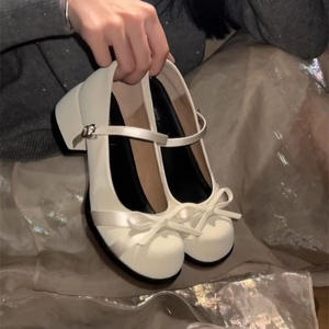 Mary Jane รองเท้าส้นเข็มสีขาวของผู้หญิง, รองเท้าส้นเข็มผูกโบว์2025รองเท้าเดี่ยวปากตื้นสไตล์ฝรั่งเศสสำหรับฤดูใบไม้ผลิ - Product Image 1