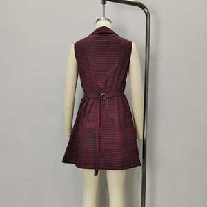 Custom Women's Summer Vintage <strong>Red</strong> <strong>Check</strong> French Sleeveless V-neck Cinched-waist Short <strong>Dress</strong> Manufacturer - Product Image 6