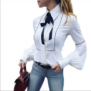 Blusas casuales de <span class=keywords><strong>manga</strong></span> <span class=keywords><strong>larga</strong></span> con lazo para mujer, blusas blancas elegantes con mangas abullonadas - Product Image 5