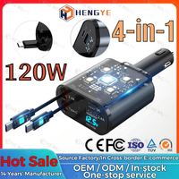 120W PD 4in1 4Port Kabel USB C Retractable dengan Layar LED Digital Cerdas Warna Hitam OEM ODM Pengisi Daya Mobil Super Cepat