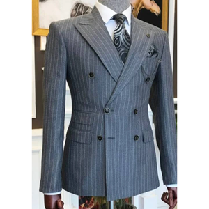 Grey Stripe Men Suits For Groom Tuxedos Peaked Lapel Slim Fit Blazer 2 Pieces Jacket Pants Man Tailor Made Wear Clothing