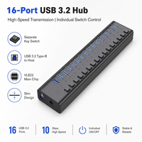 16 Portlu USB 3.2 Hub 10Gbps, VL822 Çip, 16x USB-A Bağımsız Anahtarlı, 12V Güç Adaptörü, ABS Gövde, HS082M3 Plastik