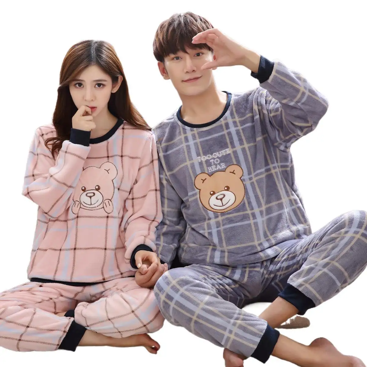 Autumn and winter flannel pajamas women's Plush thickened warm long sleeve coral velvet suit plus size sleepwear home clothes