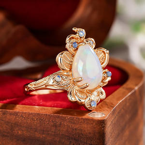 Anillo de cóctel con flor A071 para mujer, con ópalo natural en forma de pera y engaste de garra, anillos de moda para boda - Product Image 3