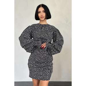 Robe moulante noire à pois, col rond, taille naturelle, en tissu tissé, pour soirée et tenue décontractée, vente en gros - Product Image 2