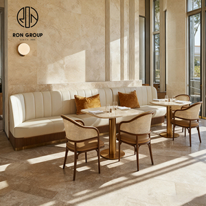 Juego de <span class=keywords><strong>Muebles</strong></span> Modernos de Alta Gama <span class=keywords><strong>para</strong></span> Cafetería y Restaurante, Mesa de Piedra Sinterizada, Ratán y Cuero, Sofá y Sillas - Product Image 3