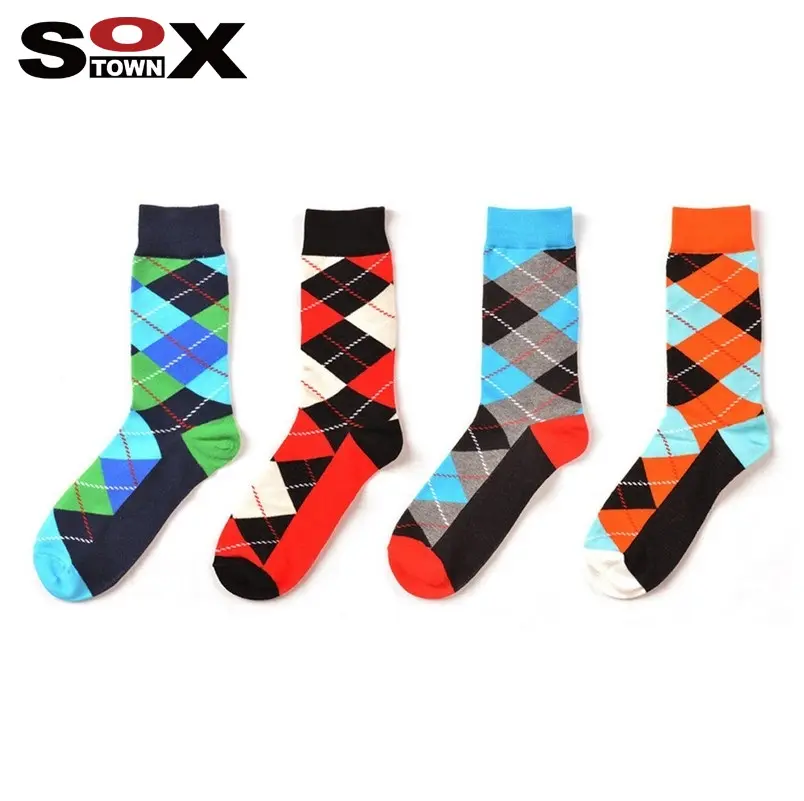 SOXTOWN cheap wholesale custom cozy crew colorful casual dress business men cotton argyle happy socks