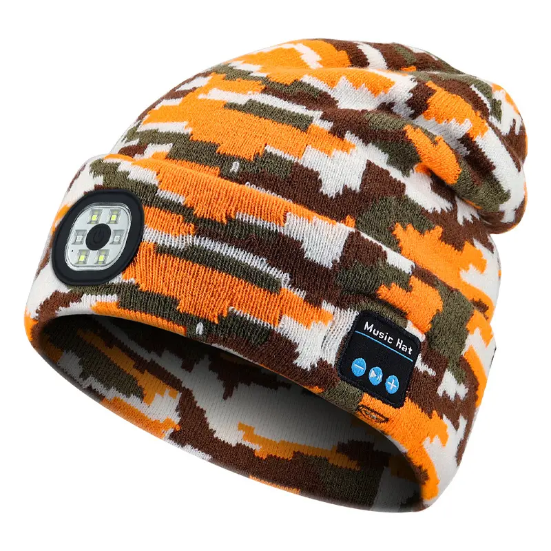 High Quality Outdoor Winter Night Warm Camouflage LED Lighting Unisex Knitted Beanie Headlamp Cap With Headphone Speaker