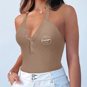 Vente en gros d'élasthanne à haute élasticité, coupe ajustée, respirant, col en V, gilet sexy évidé, débardeur blanc à licou pour femmes - Product Image 6