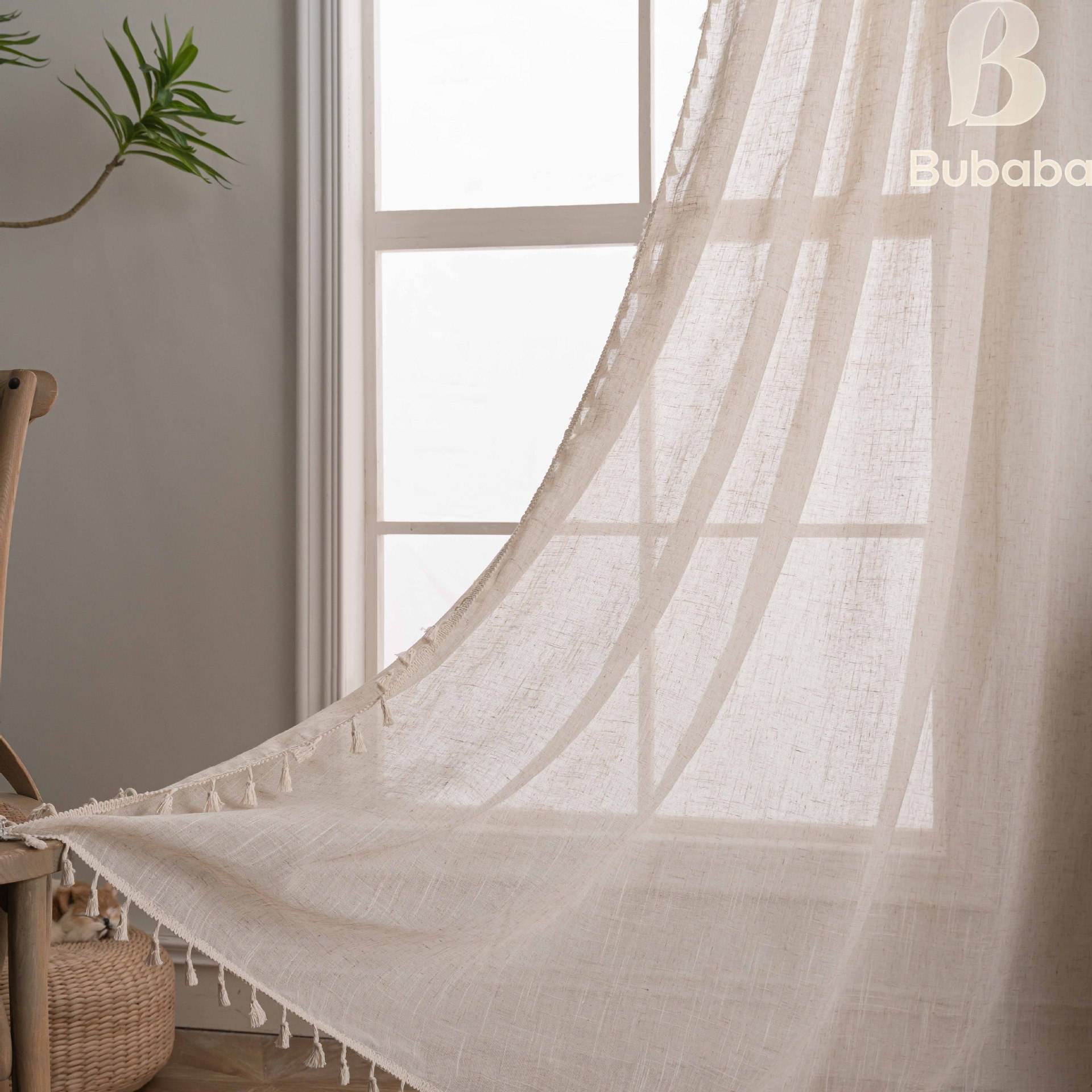 A193-24 bamboo linen curtain beige tassel
