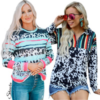 Wholesale Fashion Casual Long sleeve Patchwork Half Zip Sweatshirt Women Cow Print Top Western Clothing