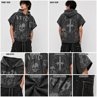 Sudadera con capucha OEM de 600 g/m² 100% algodón, cuello redondo, con bordado japonés de esqueleto, manga corta, cremallera, lavado ácido, de alto rendimiento.