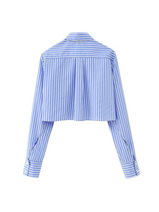 Camicia a maniche lunghe per le donne <span class=keywords><strong>con</strong></span> un senso di Design cintura foglia di loto Swing <span class=keywords><strong>Top</strong></span> corto a righe - Product Image 2