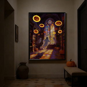 Art mural moderne imprimé <span class=keywords><strong>sur</strong></span> le thème d'Halloween, encadré dans du bois, orné <span class=keywords><strong>de</strong></span> motifs magiques et <span class=keywords><strong>de</strong></span> citrouilles, idéal pour la décoration intérieure. - Product Image 4
