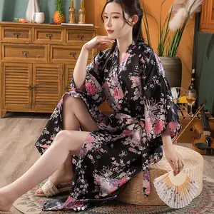 Badjassen Vrouwen Lange Nachtjapon Voor Vrouwen Bloemenprint Sexy Nachtkleding Kimono Luxe Satijnen Gewaad Nachtkleding