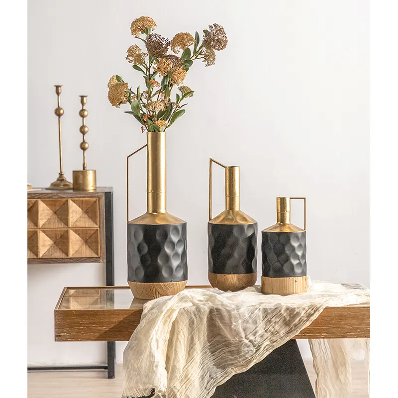 Nordic Ins Creative Dried Flower Decoration Art Metal Wood Flower Vase For Living Room Home Soft Decoration Desktop Vase Sets