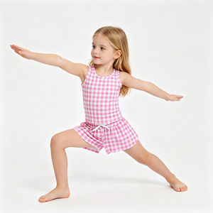 Ensemble de tenue de tennis pour petites filles, motif gingham violet, débardeur sans manches à col rond extensible et doux pour enfants, short fluide coupe crayon - Product Image 3