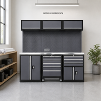 Banc de travail industriel en acier inoxydable avec armoire à outils, 3 armoires supérieures, panneau perforé et tiroirs verrouillables pour atelier et garage