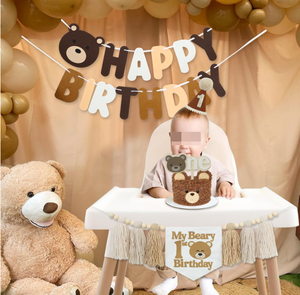 Décorations pour fête prénatale et <span class=keywords><strong>1er</strong></span> anniversaire sur le thème de l'ours : Bannière vintage suspendue, drapeaux pour <span class=keywords><strong>chaise</strong></span> haute, guirlande de pompons, chapeau 'UN' et décorations de gâteau 'Cupcake' - Product Image 3