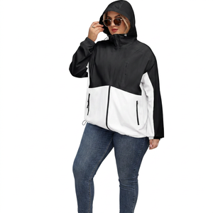 Hooded Color Blocking Windbreaker <b>Jacket</b> <b>Waterproof</b> Zipper Closure Casual Style Unisex Spring Outerwear Black <b>White</b> - Product Image 1