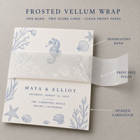 Ensemble d'invitations de mariage sur le thème nautique, motif coquillages et étoiles de mer en ligne artística bleue, papeterie de mariage personnalisée sur le thème côtier et océanique