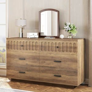 Meuble de rangement moderne personnalisé à 6 <span class=keywords><strong>tiroirs</strong></span> Grande <span class=keywords><strong>commode</strong></span> à cannelures marron Armoire de salon <span class=keywords><strong>en</strong></span> bois pour entrée chambre à coucher - Product Image 1