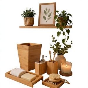 Juego de Accesorios de Baño de Bambú Natural con Dispensador de Jabón, Portacepillos de Dientes, Bandeja y Cesto para Desechos - Product Image 1