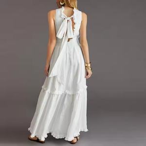 Vestido Midi de Algodón Blanco Puro con Cuello en V, Encaje, Lazo y Estilo Halter para Mujer, Verano, Bohemio, Casual, Patchwork, Transpirable, Lavable y Ecológico - Product Image 3