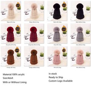 Wholesale Fashion Women Pom Pom Beanies Lady Knitted Beanie Cap Knitted Fleece Lining Winter Warm Beanie <b>Hats</b> - Product Image 2