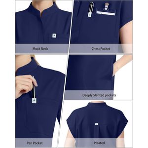 Ensemble de blouses médicales FOXA pour femmes, haut sans manches à col montant, pantalon droit, 11 poches, uniforme médical, usage hospitalier, ceinture yoga - Product Image 2