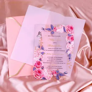 High Quality Luxury Custom Logo Design Unique Clear Acrylic Gold Foil Wedding Invitations With Envelope And Wax Seal