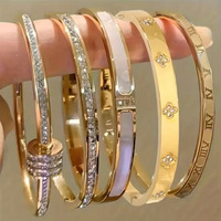Ensemble de bracelets joncs en acier inoxydable doré, avec chiffres romains, trèfle, coquillage et cristaux pavés, bracelets fins pour femme, bijoux à superposer, cadeau